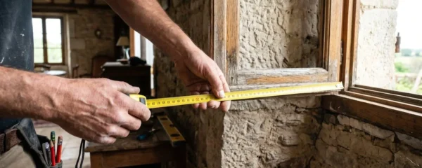 Les mains d'un artisan menuisier prenant des mesures précises au mètre à l'encadrement d'une fenêtre dans une maison en pierre ancienne