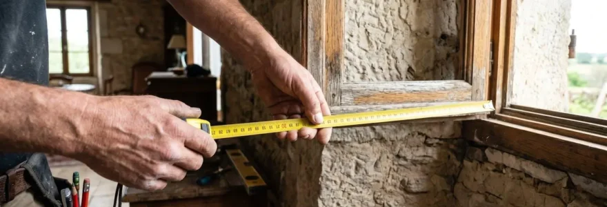 Les mains d'un artisan menuisier prenant des mesures précises au mètre à l'encadrement d'une fenêtre dans une maison en pierre ancienne