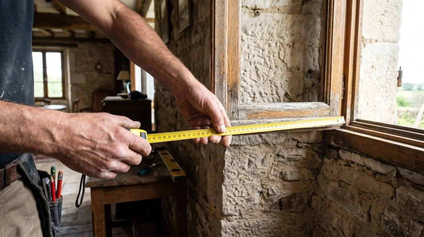 Les mains d'un artisan menuisier prenant des mesures précises au mètre à l'encadrement d'une fenêtre dans une maison en pierre ancienne