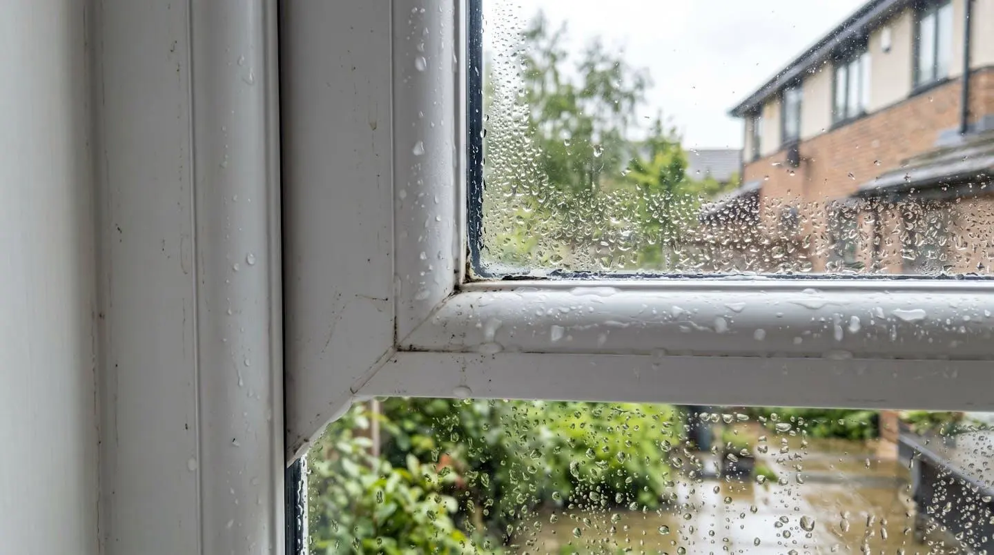 Gros plan sur un angle inférieur de fenêtre intérieure montrant des traces de condensation et d'humidité sur le dormant blanc