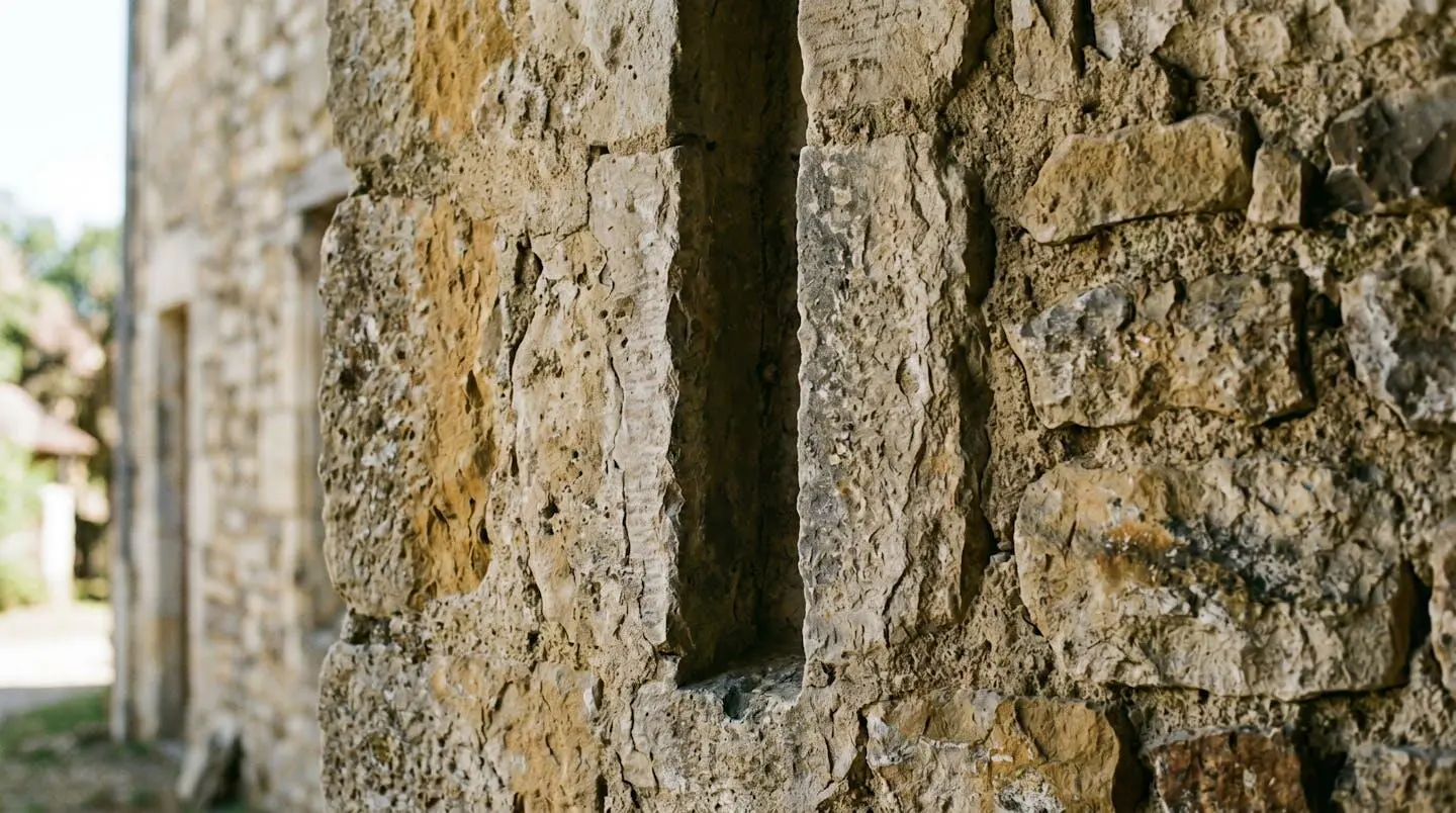 Gros plan sur une coupe transversale d'un mur en pierre ancienne montrant la rainure de feuillure dans l'embrasure