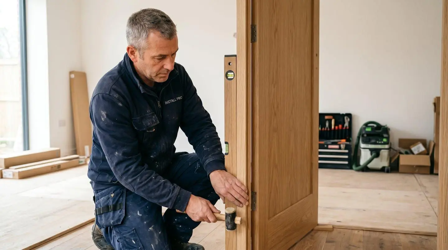 Installateur professionnel ajustant une porte d'entrée avec un niveau à bulle dans un chantier propre.