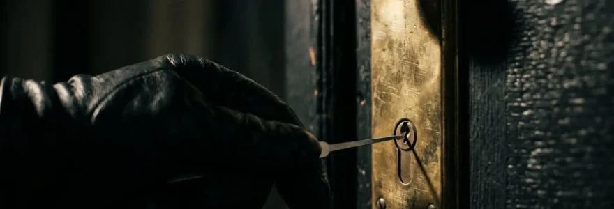 Gros plan sur une serrure de porte en laiton, une main gantée de noir s'apprêtant à la crocheter.
