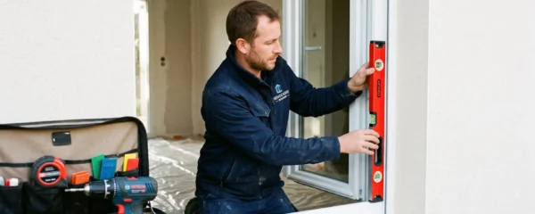 Artisan menuisier ajustant une fenêtre PVC blanche neuve dans l'ouverture d'un mur de façade lors d'un chantier de rénovation résidentielle, vérifiant l'aplomb avec un niveau à bulle, outils de pose visibles au premier plan