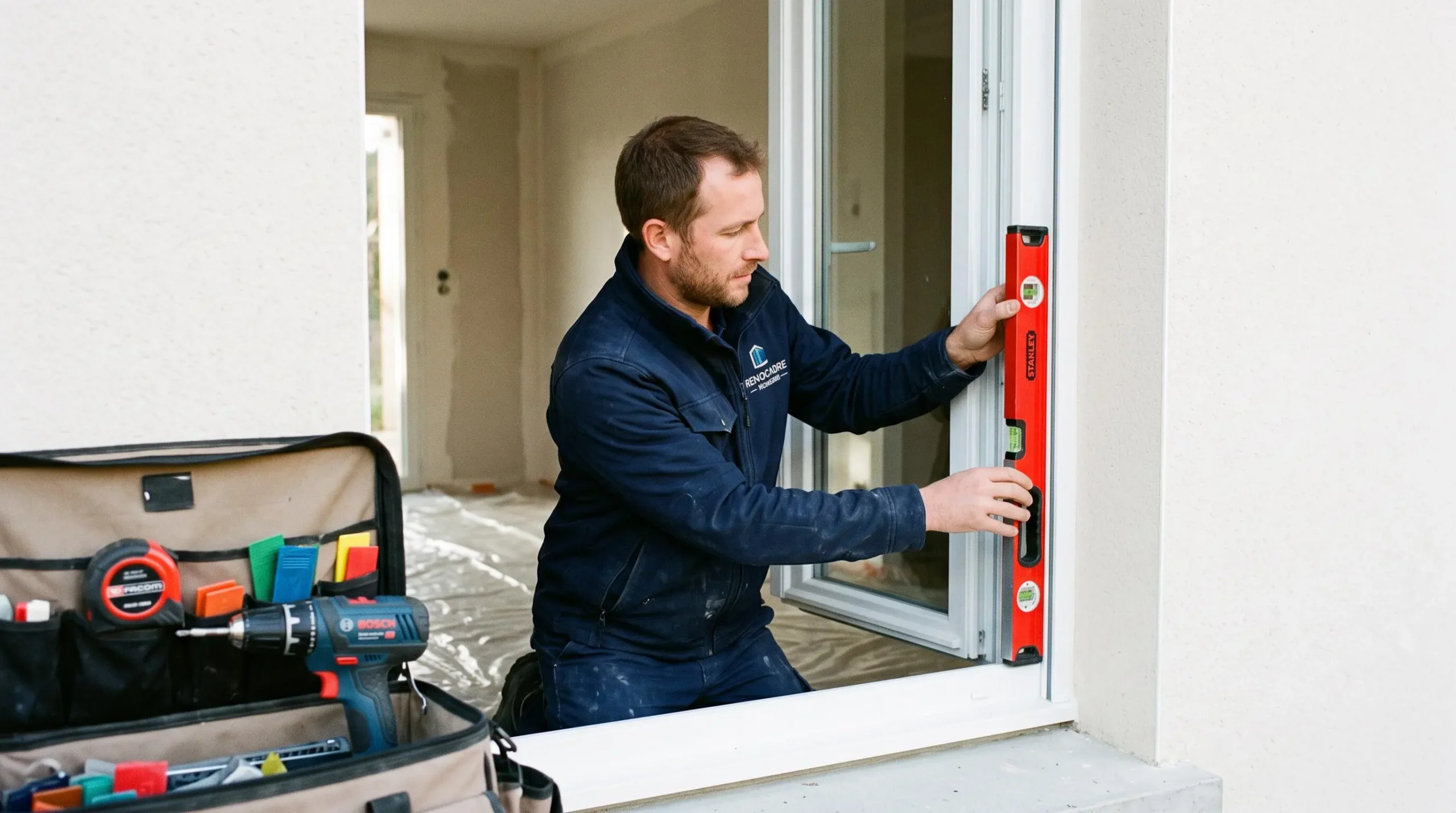 Artisan menuisier ajustant une fenêtre PVC blanche neuve dans l'ouverture d'un mur de façade lors d'un chantier de rénovation résidentielle, vérifiant l'aplomb avec un niveau à bulle, outils de pose visibles au premier plan