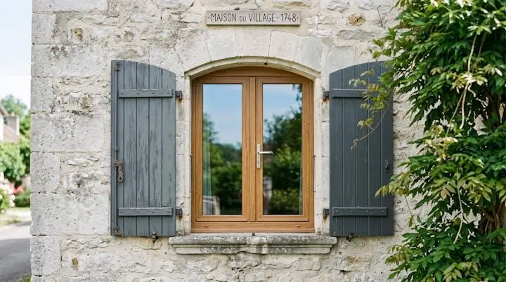 Fenêtre PVC à 2 vantaux avec finition plaxée imitation chêne installée dans la façade en pierre de taille d'une maison de village ancienne, encadrée de volets gris anthracite, démontrant l'intégration harmonieuse dans l'architecture traditionnelle